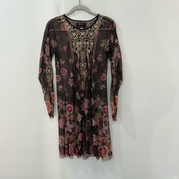 Johnny Was Dresses & Skirts - Johnny Was Dress Mesh Mini Long Sleeve in Brown Embroidered